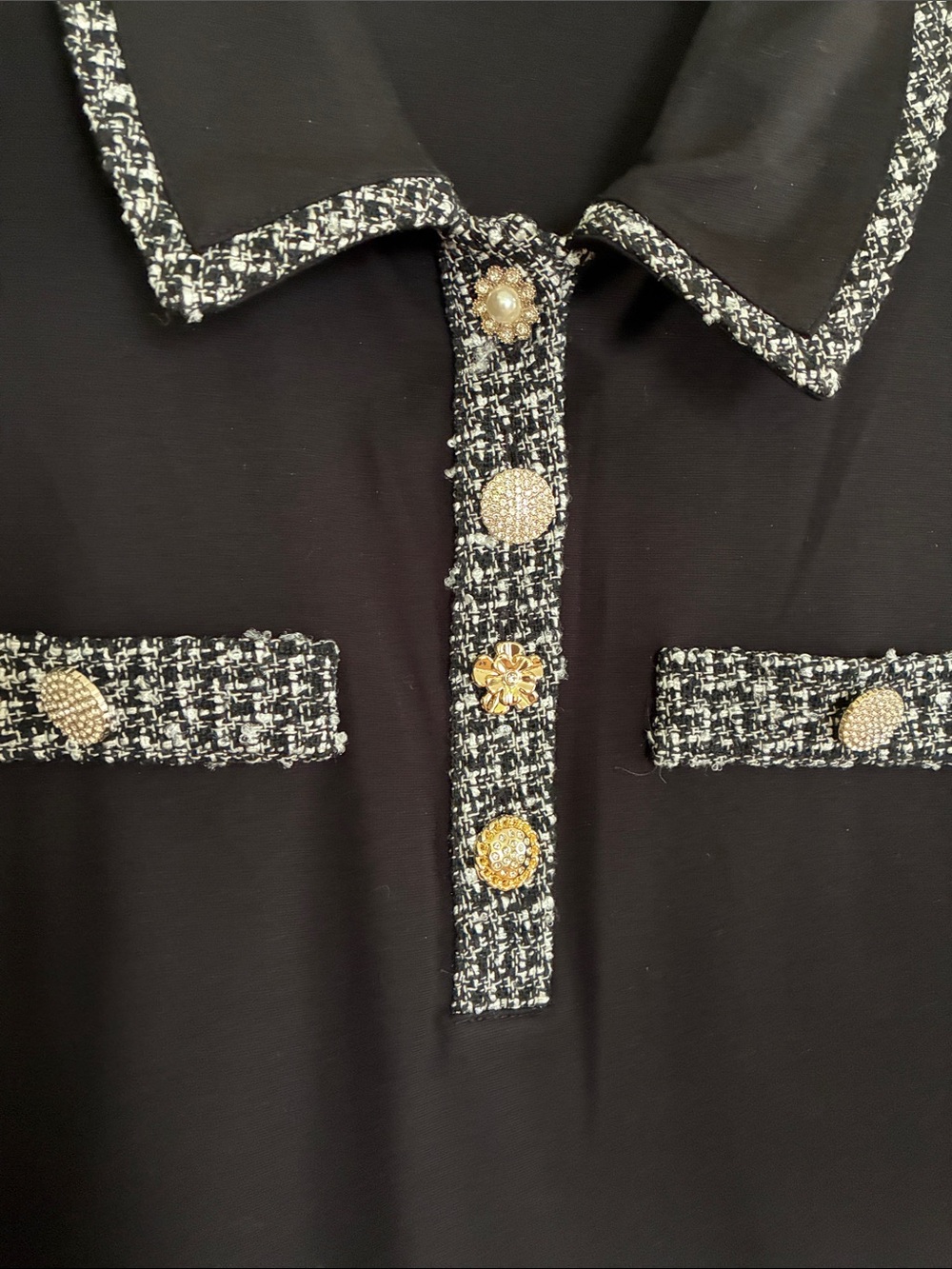 Karl Lagerfeld Black Short-Sleeve Polo with Tweed Trim - Picture 6 of 6